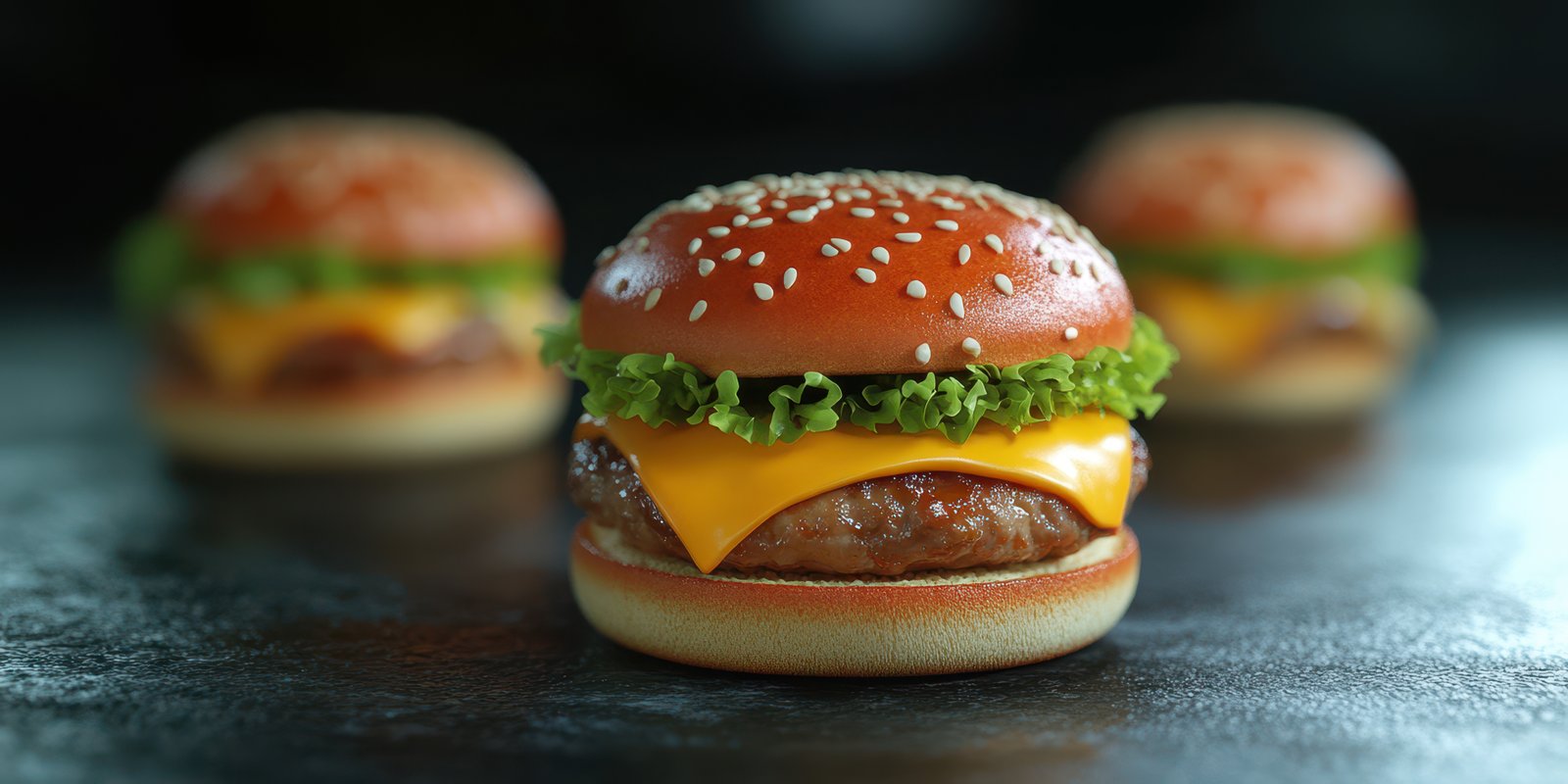 Juicy cheeseburgers with fresh toppings arranged on a dark surface for an enticing presentation